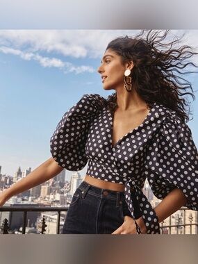 polka dot puff sleeves wrap top